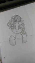 Size: 2304x4096 | Tagged: safe, artist:speedlight, derpibooru exclusive, starlight glimmer, pony, unicorn, black and white, bust, cute, drawing, female, glimmerbetes, grayscale, happy, looking at you, mare, monochrome, pencil drawing, smiling, solo, traditional art