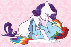 Size: 1280x845 | Tagged: safe, artist:spectralunicorn, color edit, derpibooru import, edit, rainbow dash, rarity, pegasus, pony, unicorn, blushing, colored, cute, dashabetes, female, lesbian, looking at each other, mare, pattern, pillow, pinned down, raribetes, raridash, sheet, shipping, smiling, underhoof