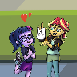 Size: 1000x1000 | Tagged: safe, artist:rawrienstein, sci-twi, sunset shimmer, twilight sparkle, equestria girls, clothes, female, lesbian, nerd, scitwishimmer, shipping, skirt, sunsetsparkle