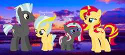 Size: 1056x464 | Tagged: safe, artist:monnaart99, sunset shimmer, thunderlane, oc, pegasus, pony, unicorn, crack shipping, daughter, female, male, offspring, parent:sunset shimmer, parent:thunderlane, parents:thundershimmer, shipping, straight, thundershimmer