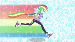 Size: 1024x570 | Tagged: safe, derpibooru import, screencap, rainbow dash, spike, spike the regular dog, dog, better together, equestria girls, converse, cute, dashabetes, female, hug, intro, male, rainbowspike, running, shipping, shoes, sneakers, spike the dog, straight