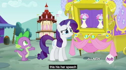 Size: 1280x719 | Tagged: safe, screencap, rarity, spike, dragon, pony, unicorn, inspiration manifestation, barrel, cloud, cloudy, crying, foal and filly fare, hill, hub logo, jewelry, meme, outdoors, ponyville, puppet theater, rejection, ribbon, rose, tent, town hall, tree, vase, youtube caption