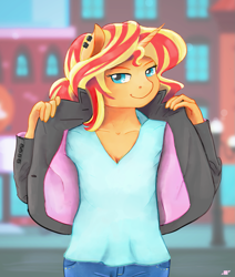 Size: 1303x1535 | Tagged: safe, artist:shiropoint, sunset shimmer, anthro, clothes, jacket, solo