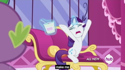 Size: 1280x719 | Tagged: safe, screencap, rarity, spike, dragon, pony, unicorn, inspiration manifestation, carousel boutique, crying, curtains, fainting couch, hub logo, ice cream, magic, meme, window, youtube caption