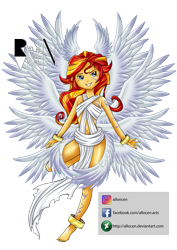 Size: 579x819 | Tagged: safe, artist:allocen, sunset shimmer, seraph, equestria girls, barefoot, clothes, cosplay, costume, crossover, digimon, feet, female, lucemon, lucifer, multiple wings, simple background, solo, transparent background