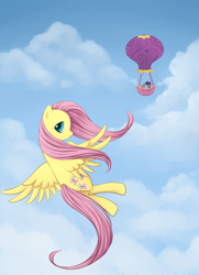 Size: 2100x2908 | Tagged: safe, artist:lorien077, derpibooru import, fluttershy, spike, twilight sparkle, dragon, pegasus, pony, balloon, hot air balloon, sky, twinkling balloon