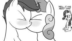 Size: 1280x720 | Tagged: safe, artist:darkenthepony, rarity, scootaloo, sweetie belle, pony, unicorn, blushing, female, kissing, lesbian, monochrome, scootabelle, shipping