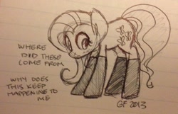 Size: 1167x752 | Tagged: safe, artist:grayflower, fluttershy, pegasus, pony, blushing, clothes, lined paper, monochrome, solo, stockings, traditional art