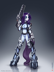 Size: 3000x4000 | Tagged: safe, artist:vombavr, edit, rarity, anthro, unguligrade anthro, armor, gun, powered exoskeleton, rifle, science fiction, solo, tribes ascend, trigger discipline