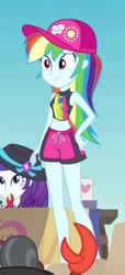 Size: 206x450 | Tagged: safe, derpibooru import, screencap, rainbow dash, better together, equestria girls, too hot to handle, beach, bikini, bikini top, cap, clothes, cropped, cute, dashabetes, geode of super speed, hat, magical geodes, shorts, swimming trunks, swimsuit