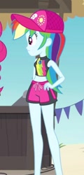 Size: 222x462 | Tagged: safe, derpibooru import, screencap, rainbow dash, equestria girls, equestria girls series, too hot to handle, beach, bikini, bikini top, cap, clothes, cropped, cute, dashabetes, geode of super speed, hat, magical geodes, shorts, swimming trunks, swimsuit