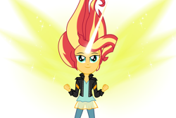 Size: 6000x4000 | Tagged: safe, alternate version, artist:spottedlions, sunset shimmer, equestria girls, absurd resolution, artificial wings, augmented, clothes, commission, daydream shimmer, female, jacket, leather jacket, magic, magic wings, pants, smiling, solo, wings