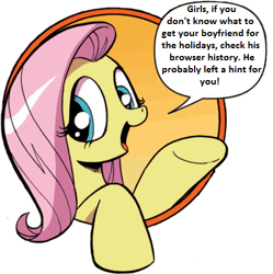 Size: 429x431 | Tagged: safe, idw, fluttershy, pegasus, pony, bad advice fluttershy, blue eyes, dialogue, exploitable meme, female, mare, meme, open mouth, pink mane, raised hoof, raised leg, simple background, smiling, solo, speech bubble, talking to viewer, underhoof, yellow coat