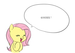 Size: 900x637 | Tagged: safe, artist:carnifex, fluttershy, pegasus, pony, cute, eeee, exploitable, eyes closed, fluttershy's bubble, open mouth, shyabetes, simple background, smiling, solo, speech bubble, squee, white background