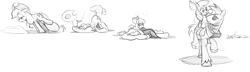 Size: 2830x812 | Tagged: safe, artist:gsphere, apple bloom, applejack, big macintosh, earth pony, pony, apple siblings, blanket, comic, faceplant, falling, male, monochrome, pillow, ponies riding ponies, siblings, sketch, sleeping, stallion, zzz