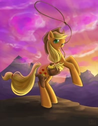 Size: 937x1200 | Tagged: safe, artist:nefyfeiri, applejack, earth pony, pony, gold, gun, gun holster, lasso, mountain, mountain range, mouth hold, pink sky, rearing, rope, saddle bag, solo, weapon