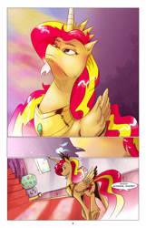 Size: 1253x1950 | Tagged: safe, artist:saturdaymorningproj, sunset shimmer, alicorn, pony, comic:a princess' worth, alicornified, alternate universe, comic, crepuscular rays, offscreen character, race swap, shimmercorn, solo, unshorn fetlocks, window