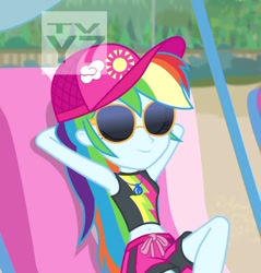Size: 538x563 | Tagged: safe, derpibooru import, screencap, rainbow dash, better together, equestria girls, lost and found, belly button, bikini, bikini top, cap, clothes, cropped, cute, dashabetes, hat, midriff, sexy, sunglasses, swimming trunks, swimsuit