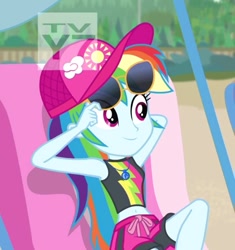 Size: 533x566 | Tagged: safe, derpibooru import, screencap, rainbow dash, better together, equestria girls, lost and found, belly button, bikini, bikini top, cap, clothes, cropped, cute, dashabetes, hat, midriff, sunglasses, swimming trunks, swimsuit