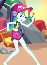 Size: 202x277 | Tagged: safe, derpibooru import, screencap, rainbow dash, better together, equestria girls, lost and found, bikini, bikini top, cap, clothes, cropped, cute, dashabetes, hat, headphones, swimming trunks, swimsuit, treasure, treasure chest, ufo