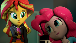 Size: 3840x2160 | Tagged: safe, artist:justjolly, pinkie pie, sunset shimmer, equestria girls, 3d, clothes, high res, jacket, leather jacket