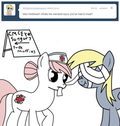 Size: 665x699 | Tagged: safe, derpy hooves, nurse redheart, pegasus, pony, ask, bandage, female, mare, scrunchy face, tumblr