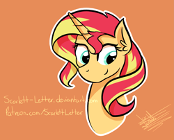 Size: 2813x2268 | Tagged: safe, artist:scarlett-letter, sunset shimmer, pony, unicorn, bust, orange background, simple background, solo