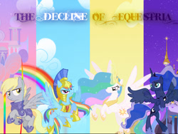 Size: 600x450 | Tagged: safe, artist:php50, derpy hooves, princess celestia, princess luna, rainbow dash, alicorn, pegasus, pony, armor, ethereal mane, female, group, helmet, hoof shoes, mare, peytral, quartet, rearing, spread wings, starry mane, the decline of equestria, wings