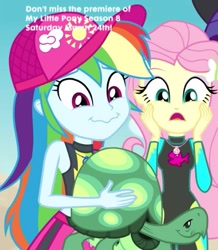 Size: 479x550 | Tagged: safe, derpibooru import, screencap, fluttershy, rainbow dash, tank, tortoise, aww... baby turtles, better together, equestria girls, cap, clothes, cropped, cute, dashabetes, faic, hat, smiling, swimsuit