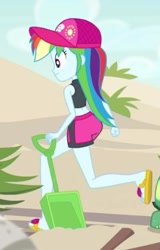 Size: 245x384 | Tagged: safe, derpibooru import, screencap, rainbow dash, aww... baby turtles, better together, equestria girls, bikini, bikini top, cap, clothes, cropped, cute, dashabetes, feet, hat, rainbutt dash, sandals, shovel, swimsuit