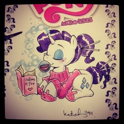 Size: 640x640 | Tagged: safe, artist:katiecandraw, rarity, pony, unicorn, book, bunny slippers, clothes, slippers, solo, sweater, traditional art, wine