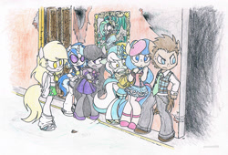 Size: 2576x1748 | Tagged: safe, artist:pandan009, bon bon, derpy hooves, dj pon-3, doctor whooves, lyra heartstrings, octavia melody, sweetie drops, vinyl scratch, oc, oc:screwpine, anthro, background six, clothes, mansion, mystery, traditional art