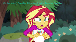 Size: 300x168 | Tagged: safe, edit, edited screencap, screencap, sunset shimmer, comic:a new change, equestria girls, camp everfree, camp everfree outfits, fanfic, picture for breezies, pregnant, pregnant edit, solo, teen pregnancy