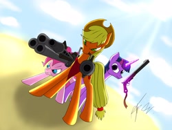 Size: 4000x3006 | Tagged: safe, artist:theorous, applejack, pinkie pie, twilight sparkle, earth pony, pony, gun