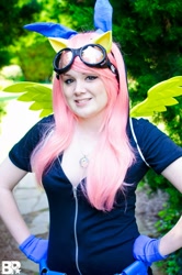 Size: 1357x2048 | Tagged: safe, artist:molly daly, fluttershy, human, bunny ears, clothes, cosplay, dangerous mission outfit, female, goggles, irl, irl human, photo, solo