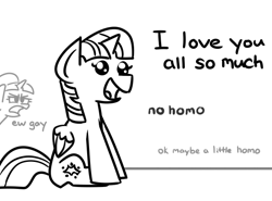 Size: 540x400 | Tagged: safe, artist:glimglam, starlight glimmer, twilight sparkle, twilight sparkle (alicorn), alicorn, pony, unicorn, beady eyes, ew gay, female, grayscale, homophobia, mare, monochrome, no homo, simple background, sitting, smiling, straightlight glimmer, white background