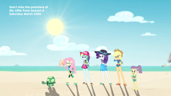 Size: 1280x720 | Tagged: safe, derpibooru import, screencap, applejack, fluttershy, lily pad (equestria girls), rainbow dash, rarity, tank, tortoise, aww... baby turtles, better together, equestria girls, clothes, feet, flip-flops, food, ice cream, midriff, one-piece swimsuit, rock horse, sandals, swimsuit, young
