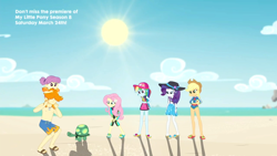 Size: 1280x720 | Tagged: safe, derpibooru import, screencap, applejack, fluttershy, rainbow dash, rarity, tank, valhallen, water lily (equestria girls), tortoise, aww... baby turtles, better together, equestria girls, baby, background human, clothes, feet, flip-flops, geode of fauna, geode of shielding, geode of super speed, geode of super strength, magical geodes, male, male feet, piggyback ride, rock horse, sandals, swimsuit