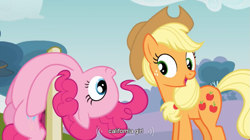 Size: 855x480 | Tagged: safe, screencap, applejack, pinkie pie, earth pony, pony, duo, female, mare, youtube caption