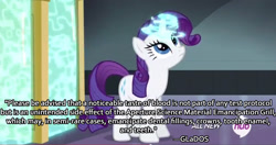 Size: 1910x1009 | Tagged: safe, edit, edited screencap, screencap, rarity, pony, unicorn, equestria games (episode), caption, equestria games, female, glados, hub logo, image macro, magic disabling spell, mare, meme, portal (valve), solo