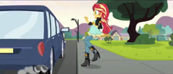 Size: 1023x439 | Tagged: safe, edit, edited screencap, screencap, sunset shimmer, comic:a new change, equestria girls, friendship games, boots, car, clothes, fence, high heel boots, jacket, leather jacket, mountain, pregnant, pregnant edit, raised leg, sidewalk, tree