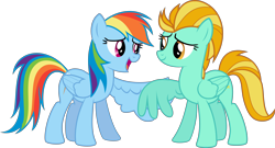 Size: 10000x5383 | Tagged: safe, artist:vladimirmacholzraum, derpibooru import, lightning dust, rainbow dash, pegasus, pony, .svg available, absurd resolution, best pony, cute, dashabetes, duo, holding wings, kindness, reconciliation, simple background, transparent background, vector, wing hands