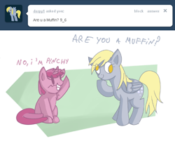 Size: 490x394 | Tagged: safe, artist:haute-claire, derpy hooves, ruby pinch, pegasus, pony, ask, ask ruby pinch, female, mare, tumblr