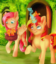 Size: 1637x1852 | Tagged: safe, artist:loladotz, fluttershy, sunset shimmer, pegasus, phoenix, pony, unicorn, bird nest, chick, duo, heart, lip bite, looking at something, looking up, magic, nest, raised hoof, sitting on head