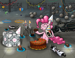 Size: 1200x927 | Tagged: safe, artist:rofljay, gummy, pinkie pie, earth pony, pony, party of one, balloon, companion cube, crossover, glados, portal, portal (valve), portal gun, the cake is a lie, turret