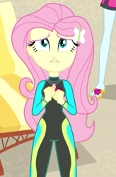 Size: 709x1080 | Tagged: safe, derpibooru import, screencap, fluttershy, rainbow dash, aww... baby turtles, better together, equestria girls, beach, clothes, cropped, solo focus, swimsuit, wetsuit