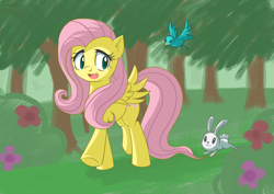 Size: 1448x1024 | Tagged: safe, artist:nac0n, angel bunny, fluttershy, pegasus, pony, rabbit, female, mare, pet, pink mane, yellow coat