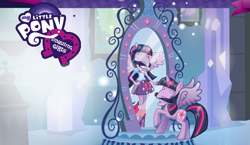 Size: 769x445 | Tagged: safe, derpibooru import, twilight sparkle, twilight sparkle (alicorn), alicorn, equestria girls, equestria girls logo, magic mirror, meme, mirror, nigel thornberry, smashing (meme)