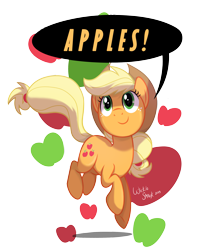 Size: 2641x3289 | Tagged: safe, artist:wicklesmack, applejack, earth pony, pony, apple, food, jumping, looking up, one word, solo, speech bubble, that pony sure does love apples