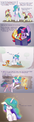 Size: 1280x4480 | Tagged: safe, artist:heir-of-rick, flam, flim, princess celestia, sunset shimmer, twilight sparkle, alicorn, pony, unicorn, absurd resolution, book, broken horn, dialogue, flim flam brothers, grave, logan, magic, reading, telekinesis, tree